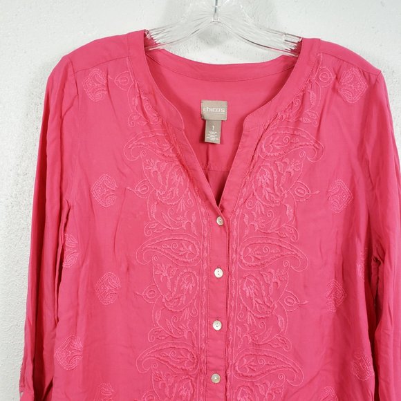 Chico's Women's Coral Pink Embroidered Henley Style Button Down Shirt Top Blouse - Picture 2 of 13